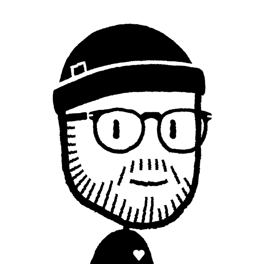 Schwarz-weiß gezeichneter Avatar von Matthias Pfefferle: ein lächelnder Mann mit runder Brille, kurzem Bart und Beanie mit kleinem Patch, auf dem Shirt ein kleines weißes Herz.